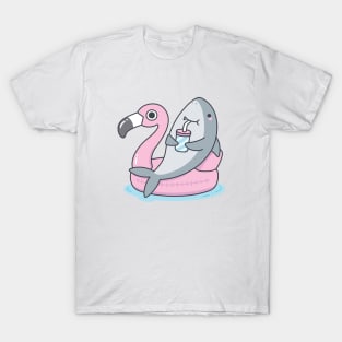 Cute Shark Chillin On Flamingo Pool Float T-Shirt